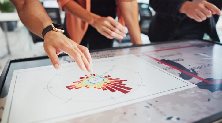 Screen, people and hands planning with chart for power development, frequency direction and wind energy. Interactive display, team and rose diagram for turbine site selection, data analysis and speed