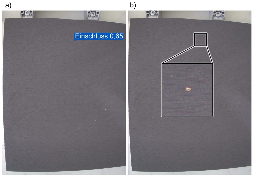 Bild 2: Ausgabe des KI-Modells, Einschluss auf Reibwerkstoffhalbzeug & vergrößerte Ansicht der Fehlseite zur Nachkontrolle. | Quelle: IFW Hannover, Copyright: Bremskerl-Reibbelagwerke Emmerling GmbH & Co. KG