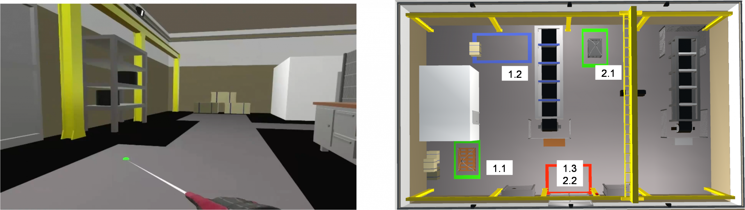 Bild2: Ausschnitt aus dem VR-Testszenario (links: gestenbasierte Auswahl eines Zielortes, rechts: Vogelperspektive auf die virtuelle Halle mit Zielorten der Nutzerstudie) | Quelle: ITA Hannover