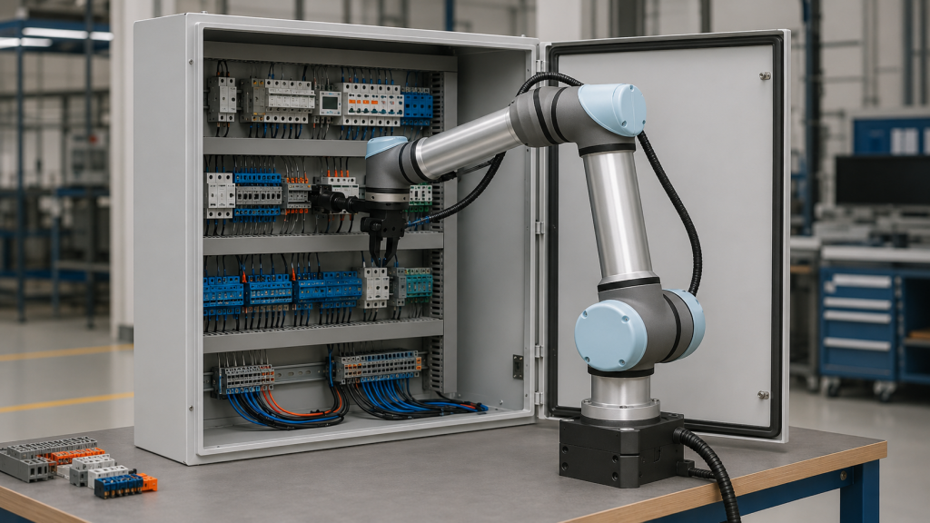 Beitragsbild: Roboterarm bei der KI-gestützten Montage eines Schaltschranks, Quelle: WZL Aachen, schematisch, KI-generiert
