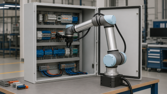 Beitragsbild: Roboterarm bei der KI-gestützten Montage eines Schaltschranks, Quelle: WZL Aachen, schematisch, KI-generiert