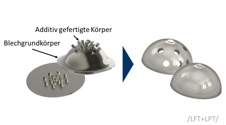 Hybridbauteil vor und nach der Umformoperation (links); Hüftendoprothese (rechts) | Quelle: LFT Erlangen, LPT Erlangen